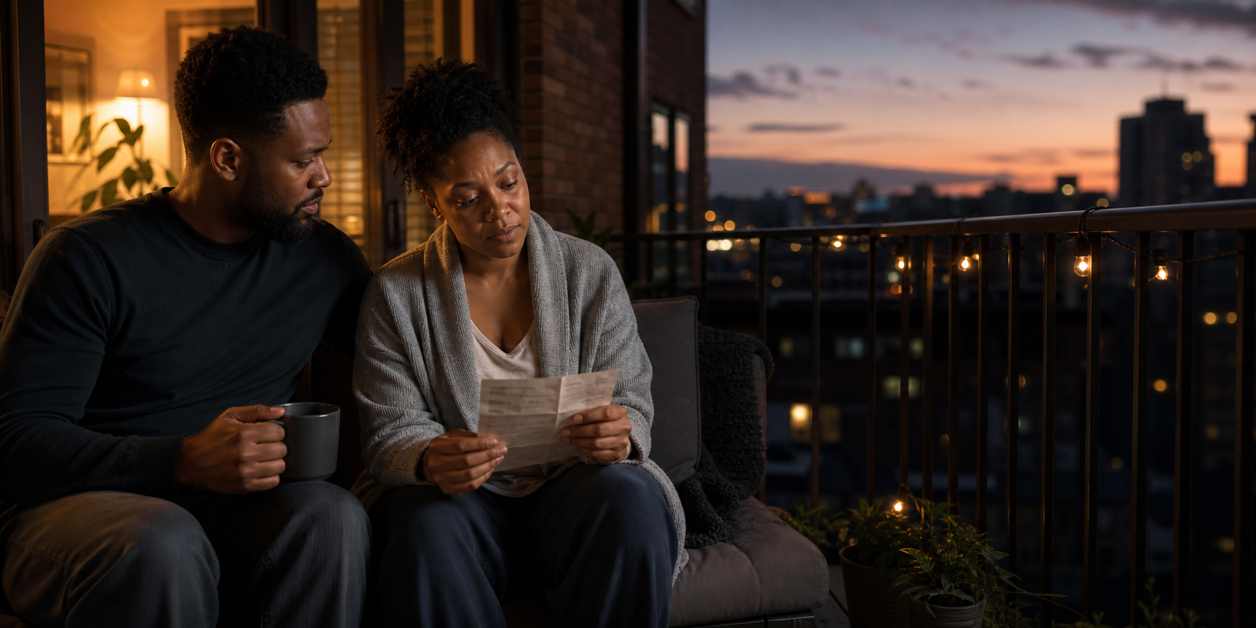 A couple discussing a letter together on their balcony